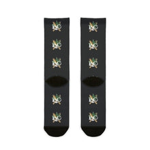Load image into Gallery viewer, Black Sublimation Crew Socks with Repeating Floral Monogram — Custom ISO Logo Athletic Socks