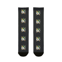 Load image into Gallery viewer, Black Sublimation Crew Socks with Repeating Floral Monogram — Custom ISO Logo Athletic Socks