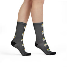 Load image into Gallery viewer, Black Sublimation Crew Socks with Repeating Floral Monogram — Custom ISO Logo Athletic Socks
