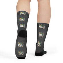 Load image into Gallery viewer, Black Sublimation Crew Socks with Repeating Floral Monogram — Custom ISO Logo Athletic Socks
